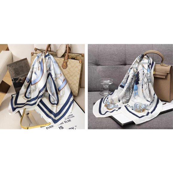 Women Blue Chain Headscarf Satin Bandana Pattern Polyester Breathable Scarves - Picture 5 of 7